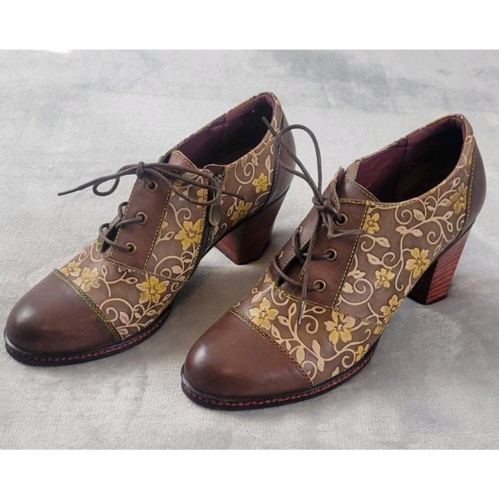 L'ARTISTE SPRING STEP OXFORD Lace Up EUR 41 Brown leather Floral Heel Shoes Zip